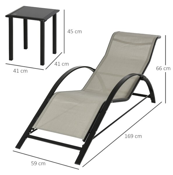 Outsunny 3 Pieces Lounge Chair Set Garden Outdoor Recliner Sunbathing Chair with Table, Grey Aosom UK