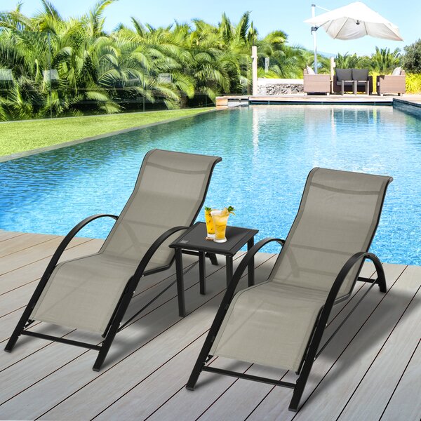 Outsunny 3 Pieces Lounge Chair Set Garden Outdoor Recliner Sunbathing Chair with Table, Grey Aosom UK