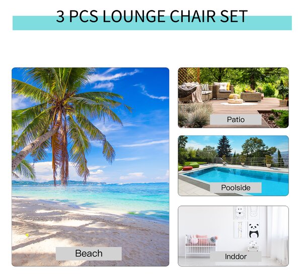 Outsunny 3 Pieces Lounge Chair Set Garden Outdoor Recliner Sunbathing Chair with Table, Grey Aosom UK