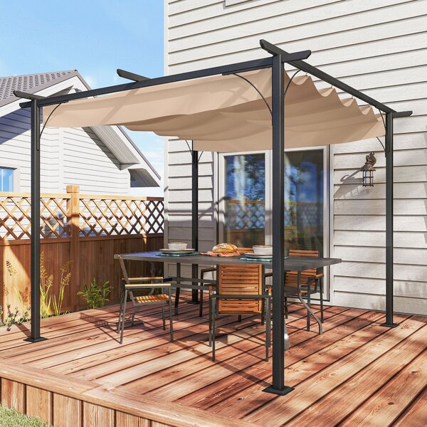 Outsunny 3 x 3m Retractable Roof Gazebo, Garden Gazebo with Sides for Outdoor Garden Sun Shade Shelter, Beige Aosom UK