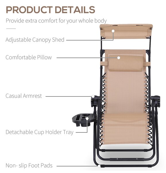 Outsunny 2 Piece Foldable Reclining Garden Chair w/ Headrest, Zero Gravity Deck Sun Lounger Seat Chair w/ Footrest, Cup Holder & Canopy Aosom UK