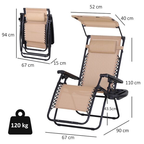 Outsunny Outdoor Zero Gravity Recliner Chair with Canopy Shade and Cup Holder, Folding Patio Sun Lounger, Beige Aosom UK