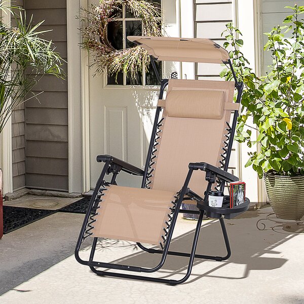 Outsunny Outdoor Zero Gravity Recliner Chair with Canopy Shade and Cup Holder, Folding Patio Sun Lounger, Beige Aosom UK