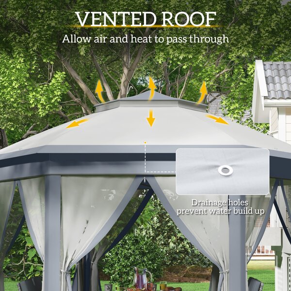 Outsunny 4x4m Pop Up Hexagon Gazebo, Instant Outdoor Shelter with Double Roof & Mesh Curtains, Large Gazebo for Outdoor Parties, Grey Aosom UK