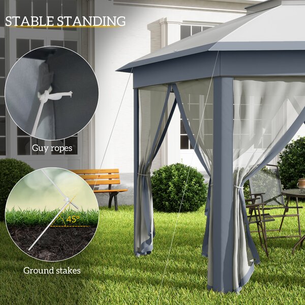 Outsunny 4x4m Pop Up Hexagon Gazebo, Instant Outdoor Shelter with Double Roof & Mesh Curtains, Large Gazebo for Outdoor Parties, Grey Aosom UK