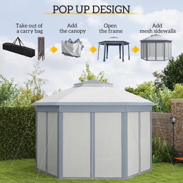 Outsunny 4x4m Pop Up Hexagon Gazebo, Instant Outdoor Shelter with Double Roof & Mesh Curtains, Large Gazebo for Outdoor Parties, Grey Aosom UK
