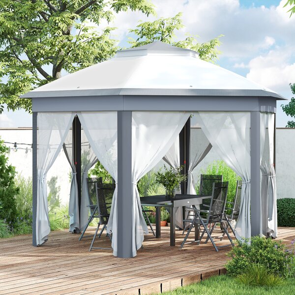 Outsunny 4x4m Pop Up Hexagon Gazebo, Instant Outdoor Shelter with Double Roof & Mesh Curtains, Large Gazebo for Outdoor Parties, Grey Aosom UK