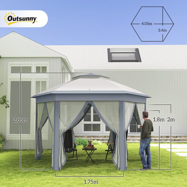 Outsunny 4x4m Pop Up Hexagon Gazebo, Instant Outdoor Shelter with Double Roof & Mesh Curtains, Large Gazebo for Outdoor Parties, Grey Aosom UK