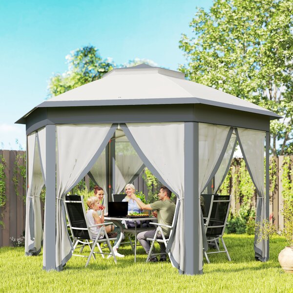 Outsunny 4x4m Pop Up Hexagon Gazebo, Instant Outdoor Shelter with Double Roof & Mesh Curtains, Large Gazebo for Outdoor Parties, Grey Aosom UK