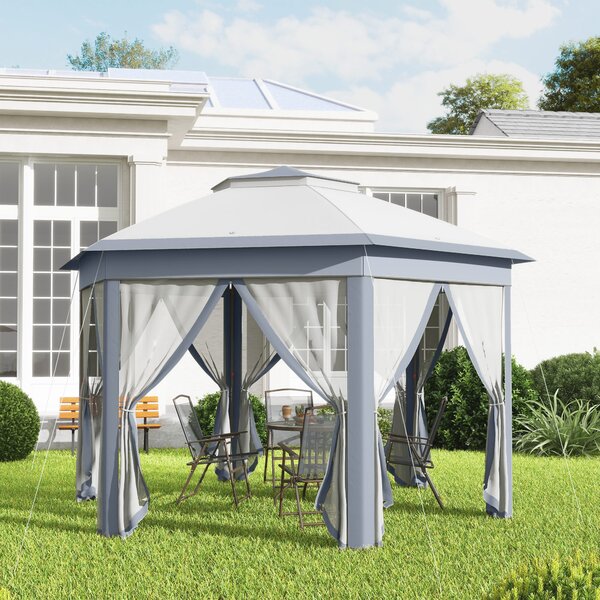 Outsunny 4x4m Pop Up Hexagon Gazebo, Instant Outdoor Shelter with Double Roof & Mesh Curtains, Large Gazebo for Outdoor Parties, Grey Aosom UK