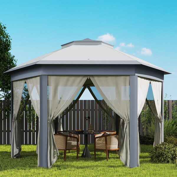 Outsunny 4x4m Pop Up Hexagon Gazebo, Instant Outdoor Shelter with Double Roof & Mesh Curtains, Large Gazebo for Outdoor Parties, Grey Aosom UK
