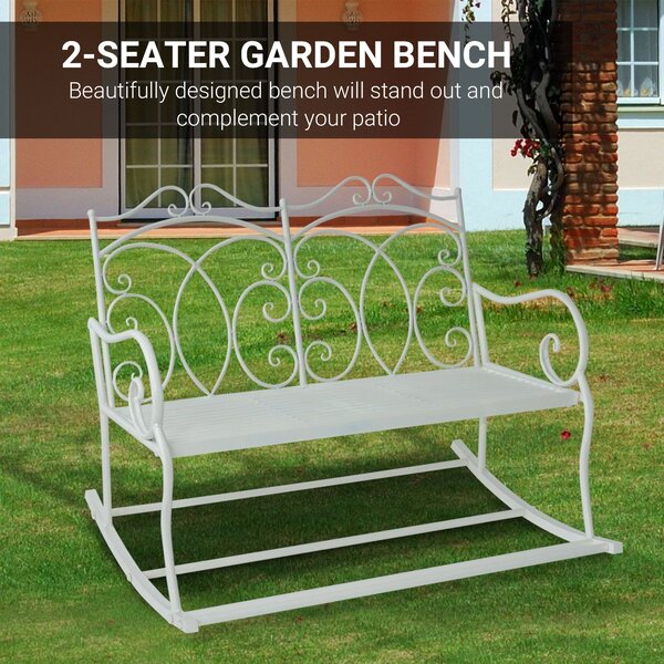 Outsunny Patio 2 Seater Rocking Bench Steel Garden Outdoor Garden Loveseat Chair w/ Decorative Backrest White Aosom UK
