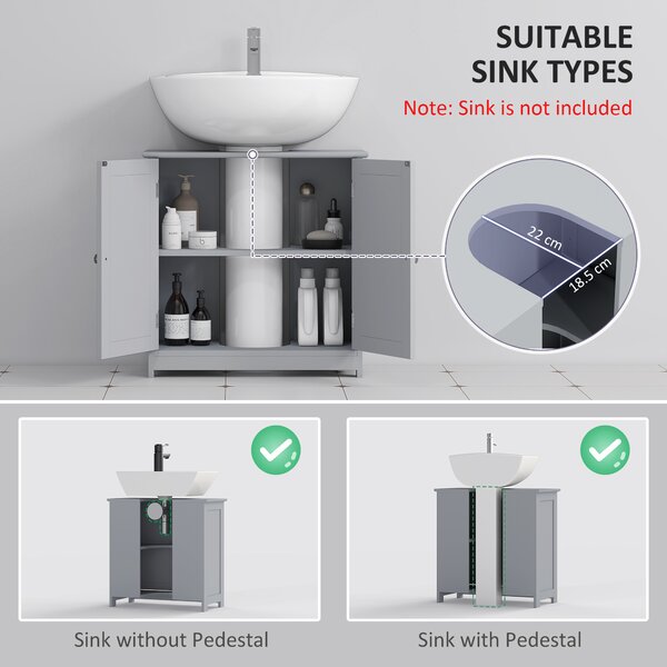 Kleankin Compact Under-Sink Cabinet, 60x60cm, with Adjustable Shelf, Handles, Drainage, Space-Saving Bathroom Organizer, Grey Aosom UK