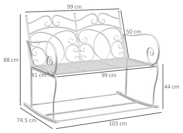 Outsunny Patio 2 Seater Rocking Bench Steel Garden Outdoor Garden Loveseat Chair w/ Decorative Backrest White Aosom UK