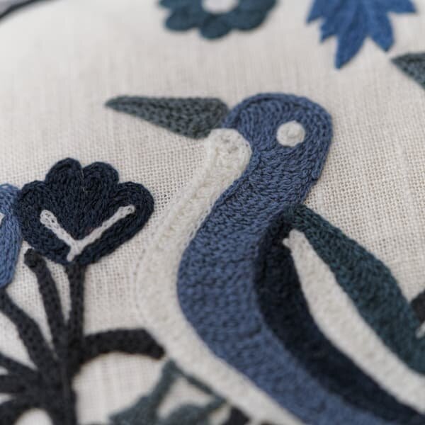 Birdsong Delphinium, Sustainable Feather, Cushion - Andrew Martin Linen Blend Embroidered & Floral