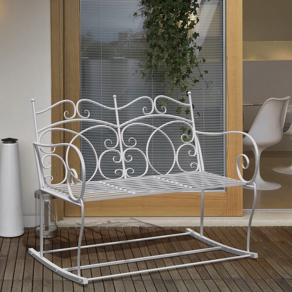 Outsunny Patio 2 Seater Rocking Bench Steel Garden Outdoor Garden Loveseat Chair w/ Decorative Backrest White Aosom UK