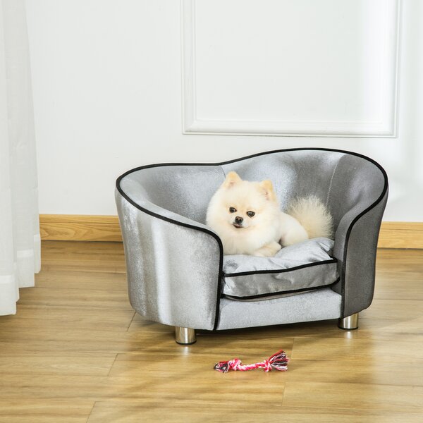 PawHut Pet Sofa with Storage Pocket, Modern Dog Bed & Cat Lounger, Removable Cushion, 69x49x38cm, Silver Grey Aosom UK