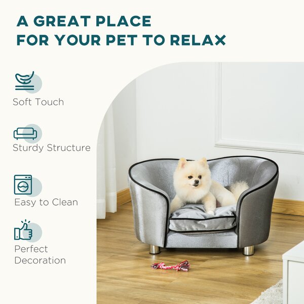 PawHut Pet Sofa with Storage Pocket, Modern Dog Bed & Cat Lounger, Removable Cushion, 69x49x38cm, Silver Grey Aosom UK
