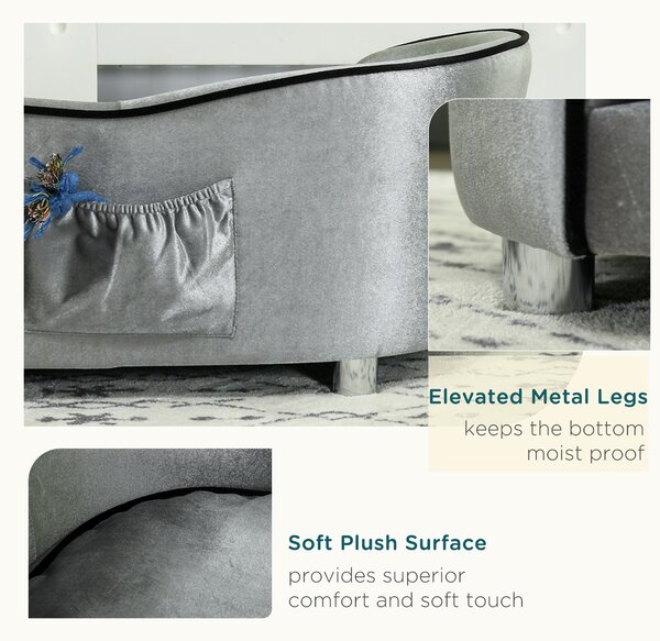 PawHut Pet Sofa with Storage Pocket, Modern Dog Bed & Cat Lounger, Removable Cushion, 69x49x38cm, Silver Grey Aosom UK