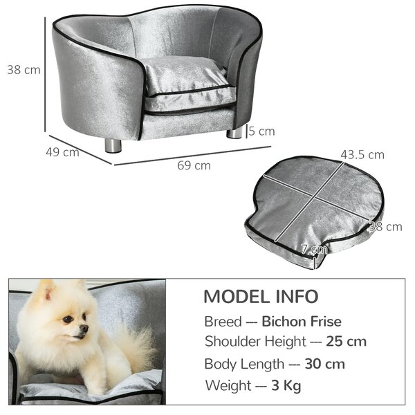 PawHut Pet Sofa with Storage Pocket, Modern Dog Bed & Cat Lounger, Removable Cushion, 69x49x38cm, Silver Grey Aosom UK