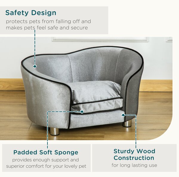 PawHut Pet Sofa with Storage Pocket, Modern Dog Bed & Cat Lounger, Removable Cushion, 69x49x38cm, Silver Grey Aosom UK
