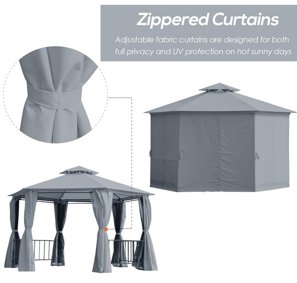 Outsunny Hexagonal Garden Gazebo Party Tent, Double-Tier Roof Patio Canopy Shelter with Netting Side Panels, Weatherproof, Grey Aosom UK