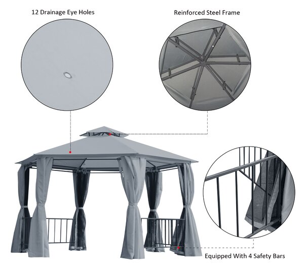 Outsunny Hexagonal Garden Gazebo Party Tent, Double-Tier Roof Patio Canopy Shelter with Netting Side Panels, Weatherproof, Grey Aosom UK
