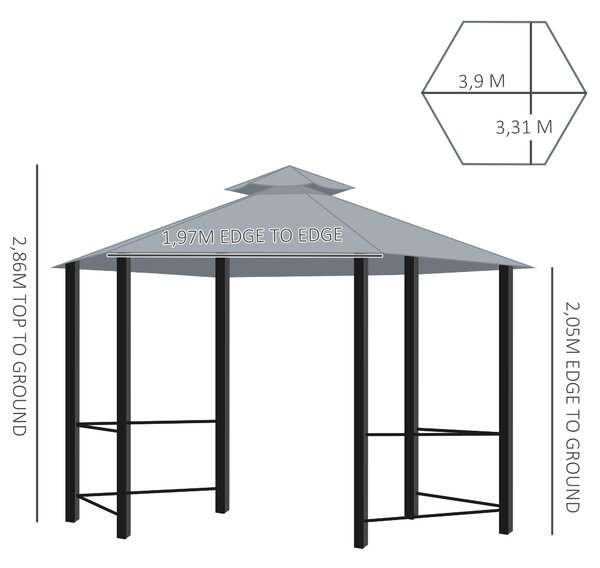 Outsunny Hexagonal Garden Gazebo Party Tent, Double-Tier Roof Patio Canopy Shelter with Netting Side Panels, Weatherproof, Grey Aosom UK