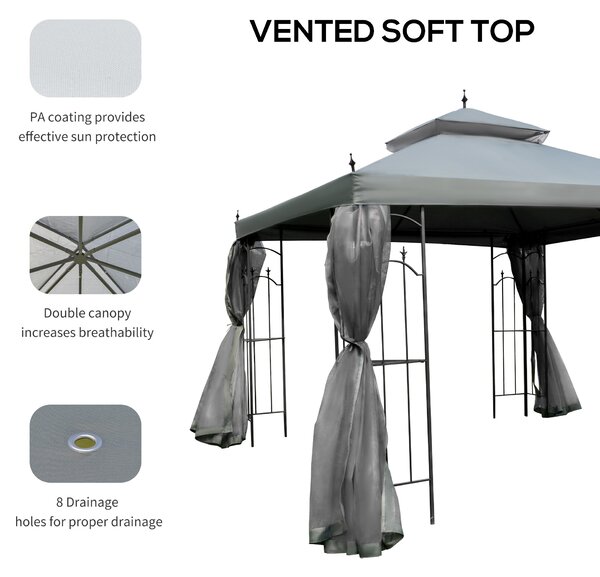 Outsunny 3(M)x3(M) Garden Gazebo Double Top Outdoor Canopy Patio Event Party Wedding Tent Backyard Sun Shade with Mesh Curtain - Grey