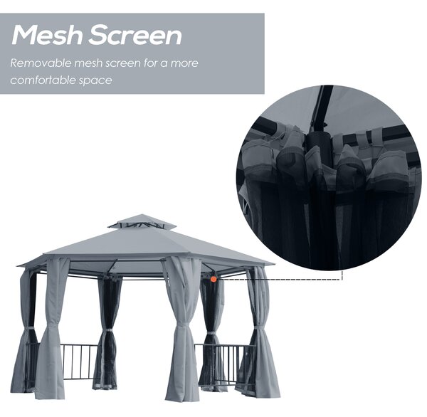 Outsunny Hexagonal Garden Gazebo Party Tent, Double-Tier Roof Patio Canopy Shelter with Netting Side Panels, Weatherproof, Grey Aosom UK