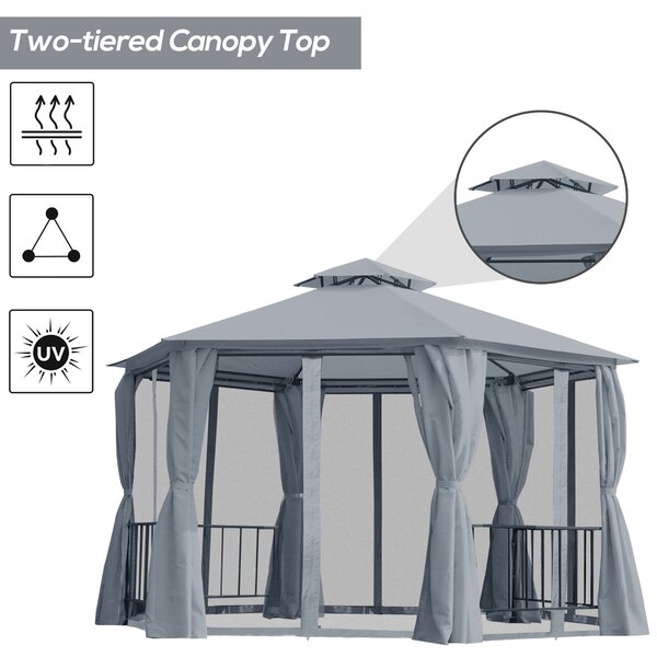 Outsunny Hexagonal Garden Gazebo Party Tent, Double-Tier Roof Patio Canopy Shelter with Netting Side Panels, Weatherproof, Grey Aosom UK