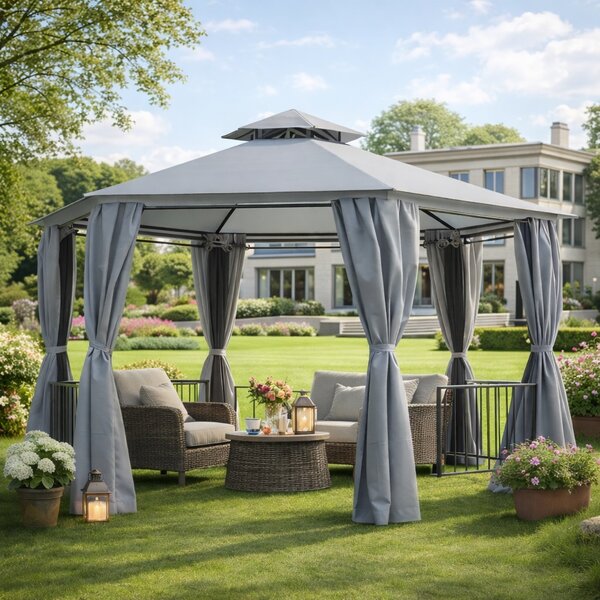 Outsunny Hexagonal Garden Gazebo Party Tent, Double-Tier Roof Patio Canopy Shelter with Netting Side Panels, Weatherproof, Grey Aosom UK