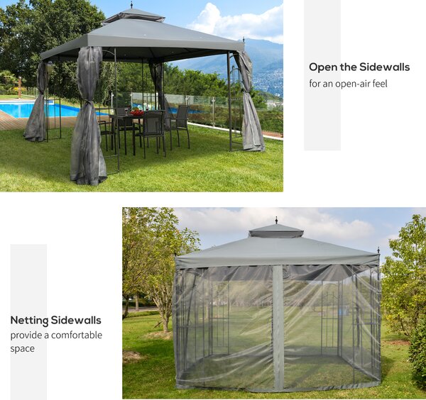 Outsunny 3(M)x3(M) Garden Gazebo Double Top Outdoor Canopy Patio Event Party Wedding Tent Backyard Sun Shade with Mesh Curtain - Grey
