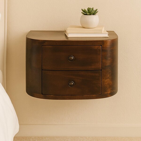 Solid Mango Wood Floating Bedside Unit with Smooth-Gliding Drawers, Space-Saving Desk with Clear Natural Finish, 30L x 45W x 25H cm, Brown Aosom UK