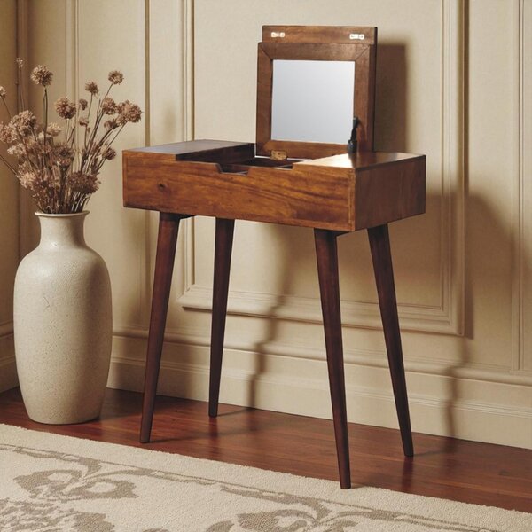 Solid Wood Mini Folding Vanity with Single Drawer and Folding Mirror, Handcrafted Desk with Deep-stain Finish, 35L x 70W x 78H cm, Brown Aosom UK