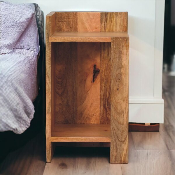 Solid Mango Wood Bedside Table with Open Box Storage and Shelf, Handcrafted Desk with Clear Natural Finish, 28L x 28W x 50H cm, Brown Aosom UK