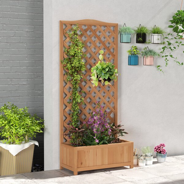 Outsunny Garden Wooden Planter Box with Trellis Free Standing Flower Raised Bed with Lattice for Climbing Plants, 76x36x170cm, Brown Aosom UK
