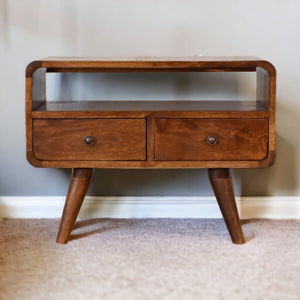 100 % Solid Mango Wood Mini Media Unit with Smooth-Glide Drawers and Open Slot, TV Unit with Unique Grain, 30L x 60W x 45H cm, Brown Aosom UK
