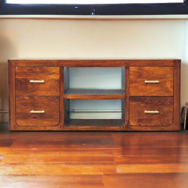 Solid Wood Luca Media Unit with 2 Open Compartments and 4 Drawers, Handcrafted TV Cabinet for Living Room, 35L x 110W x 45H cm, Brown Aosom UK