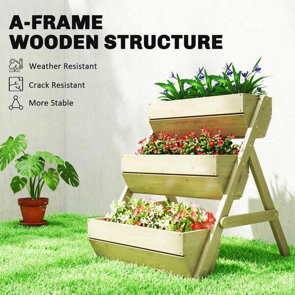 Outsunny 3-Tier Build up Garden Beds, Wooden Elevated Flower Beds, Outdoor, Garden, 120 x 68 x 80cm, Green Aosom UK