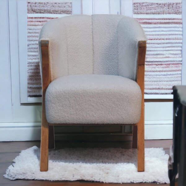 Bouclé Handcrafted Accent Chair with Solid Mango Wood Frame, Minimalist Stool with Sustainably Sourced, 60L x 62W x 85H cm, Brown Aosom UK