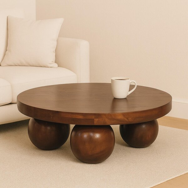 Solid Mango Wood Centre Table with Sculptural Central Ball Base, Handcrafted Desk with Stain-Based Finish, 80L x 80W x 23H cm, Brown Aosom UK