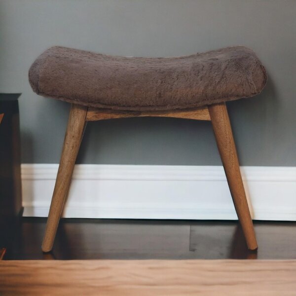 Solid Mango Wood Upholstered Curved Bench with Nordic Legs, Boucle-Style Faux Fur Seat for Living Room, 40L x 63W x 52H cm, Brown Aosom UK