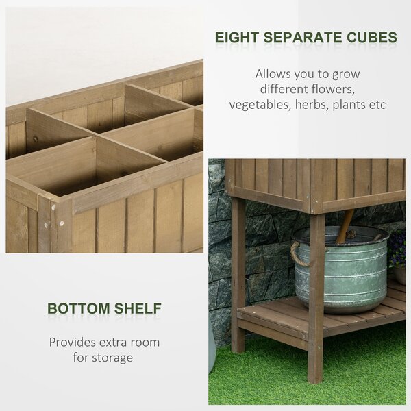 Outsunny Raised Flower Beds Garden Wooden Beds, with 8 Inner Cubes, Bottom Shelf & Drainage Holes, 110x46x76cm, Brown Aosom UK