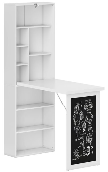 HOMCOM Fold-out Convertible Writing Desk Wall Mount Cabinet with Blackboard and Side Shelf Multi-Function Home Office Workstation, White