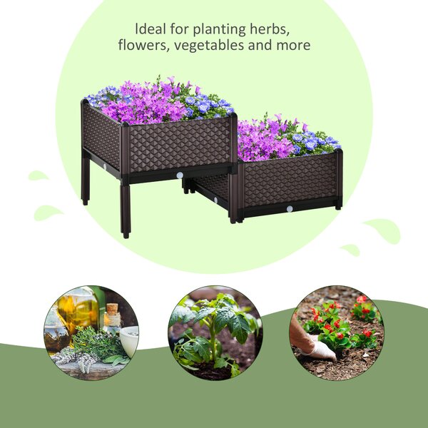 Outsunny 50cm x 50cm x 46.5cm Set of 2 Plastic Raised Garden Bed, Planter Box, Flower Vegetables Planting Container with Self-Watering Aosom UK