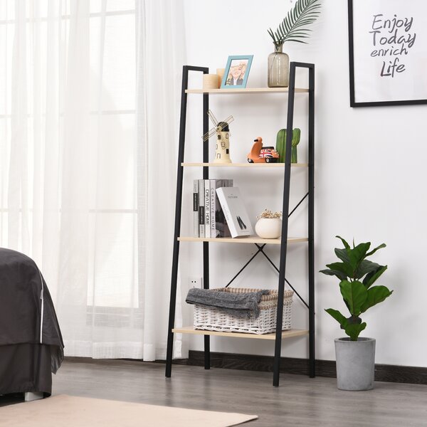 HOMCOM 4-Tier Vintage Ladder Shelf Bookcase Wood Storage Rack Stand Plants Display Black natural Aosom UK