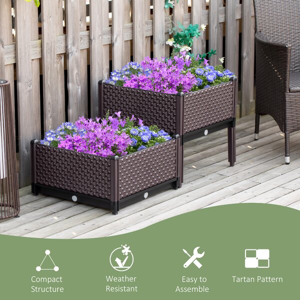 Outsunny 50cm x 50cm x 46.5cm Set of 2 Plastic Raised Garden Bed, Planter Box, Flower Vegetables Planting Container with Self-Watering Aosom UK