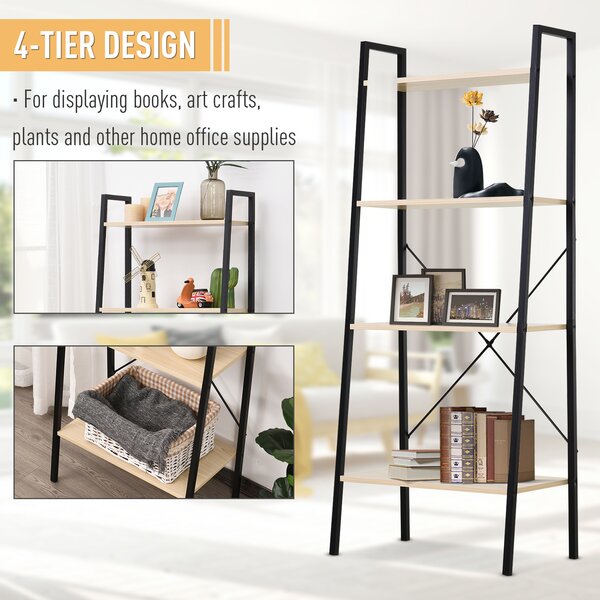 HOMCOM 4-Tier Vintage Ladder Shelf Bookcase Wood Storage Rack Stand Plants Display Black natural Aosom UK