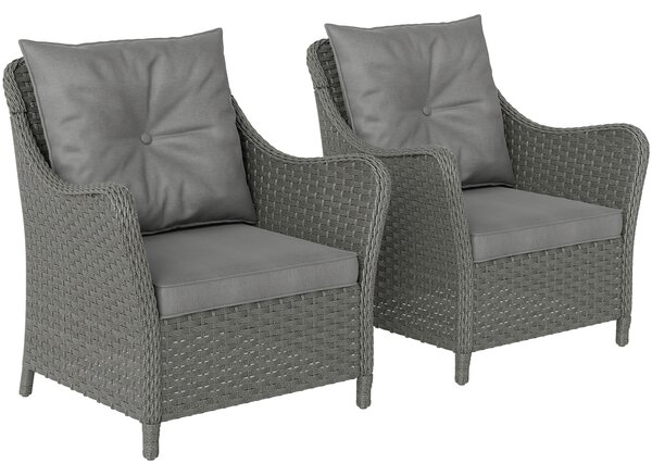 Outsunny Rattan Garden Chairs Set of 2, Outdoor Rattan Chairs with Cushions, Armrests and High Back, PE Wicker Garden Armchair with Steel Frame for Balcony, Porch, Dark Grey
